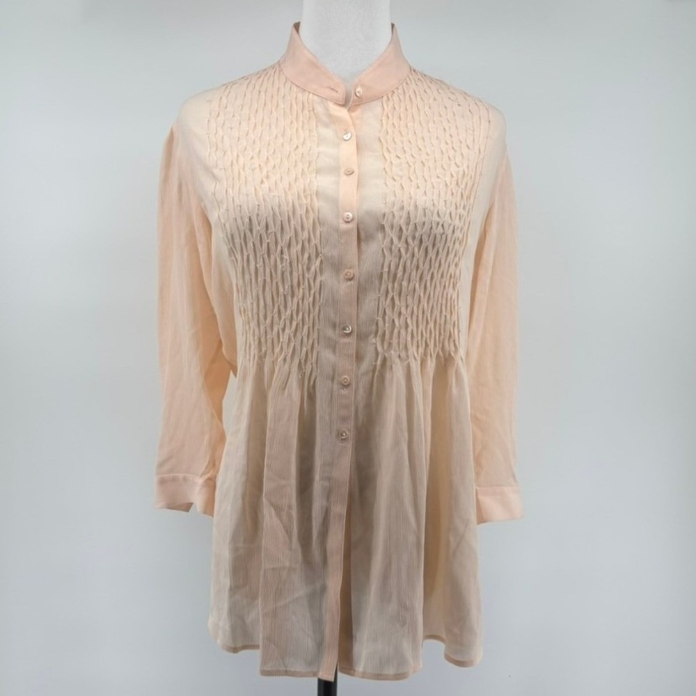 Ideology 100% Silk Smocked Tunic Blouse Sz 4 Semi Sheer Peach
